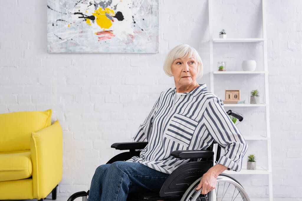 elderly woman sitting wheelchair living room